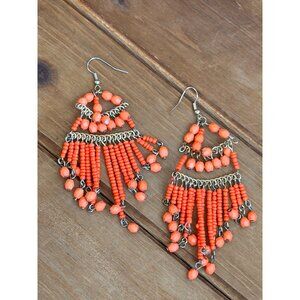 Vintage-Inspired Long Orange Beaded Dangle Chandelier Earrings With Antique Bron